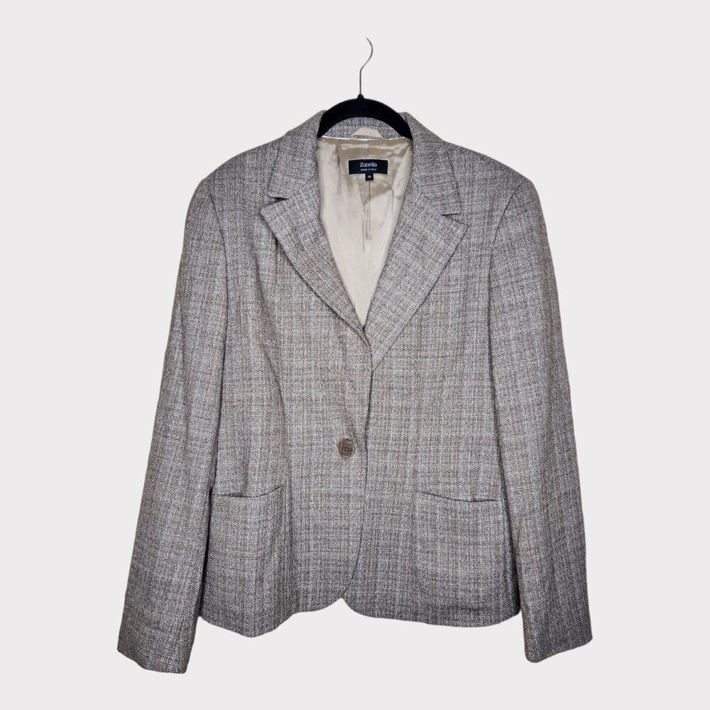 Zanella Laura Wool Teed Blazer Jacket  Lined Single Button Tan Women's Size 12